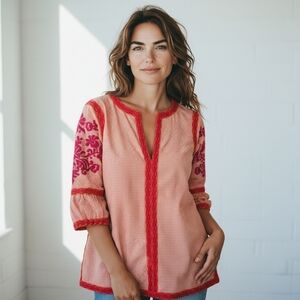 Gretchen Scott Tunic Top Womens Size Small Gingham Plaid Embroidered Orange Pink